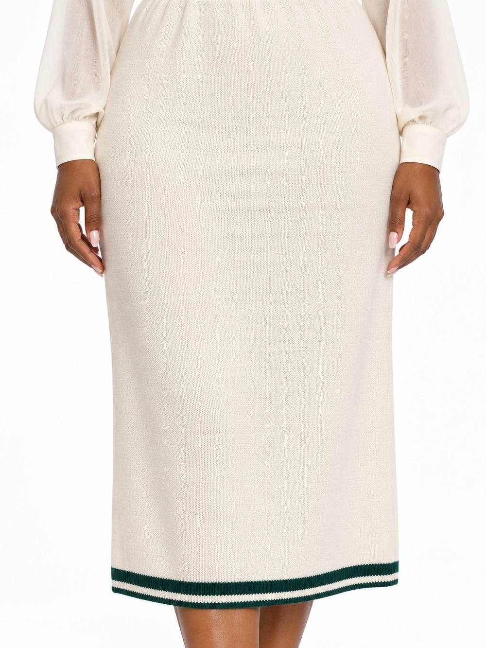 Cream Knit Midi Skirt with Contrast Trim